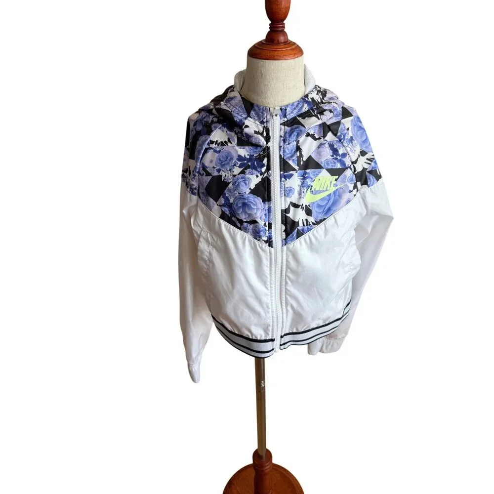 Nike‎ Girls Floral Windbreaker Jacket Hooded Full Zip White Blue Youth M